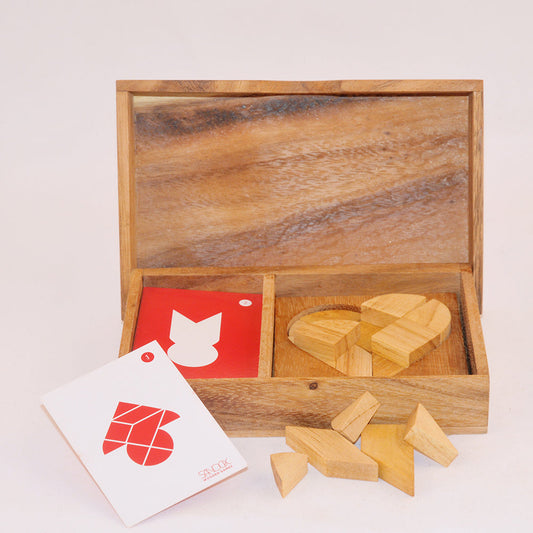 Double tangram cœur casse-tête en bois niveau 3, défi logique ado adulte à partager